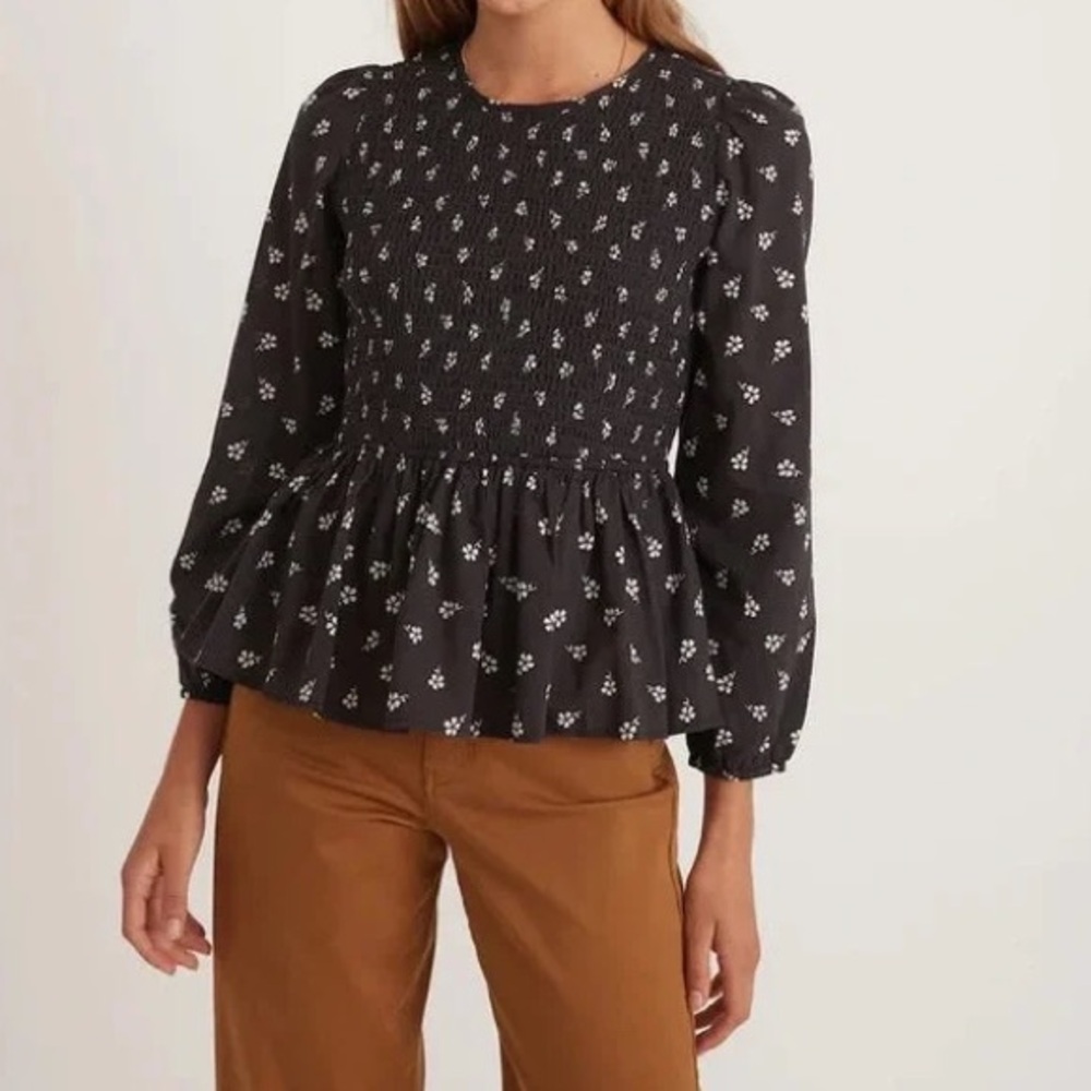 Marine Layer Smocked Black Floral Peplum Top Sz M